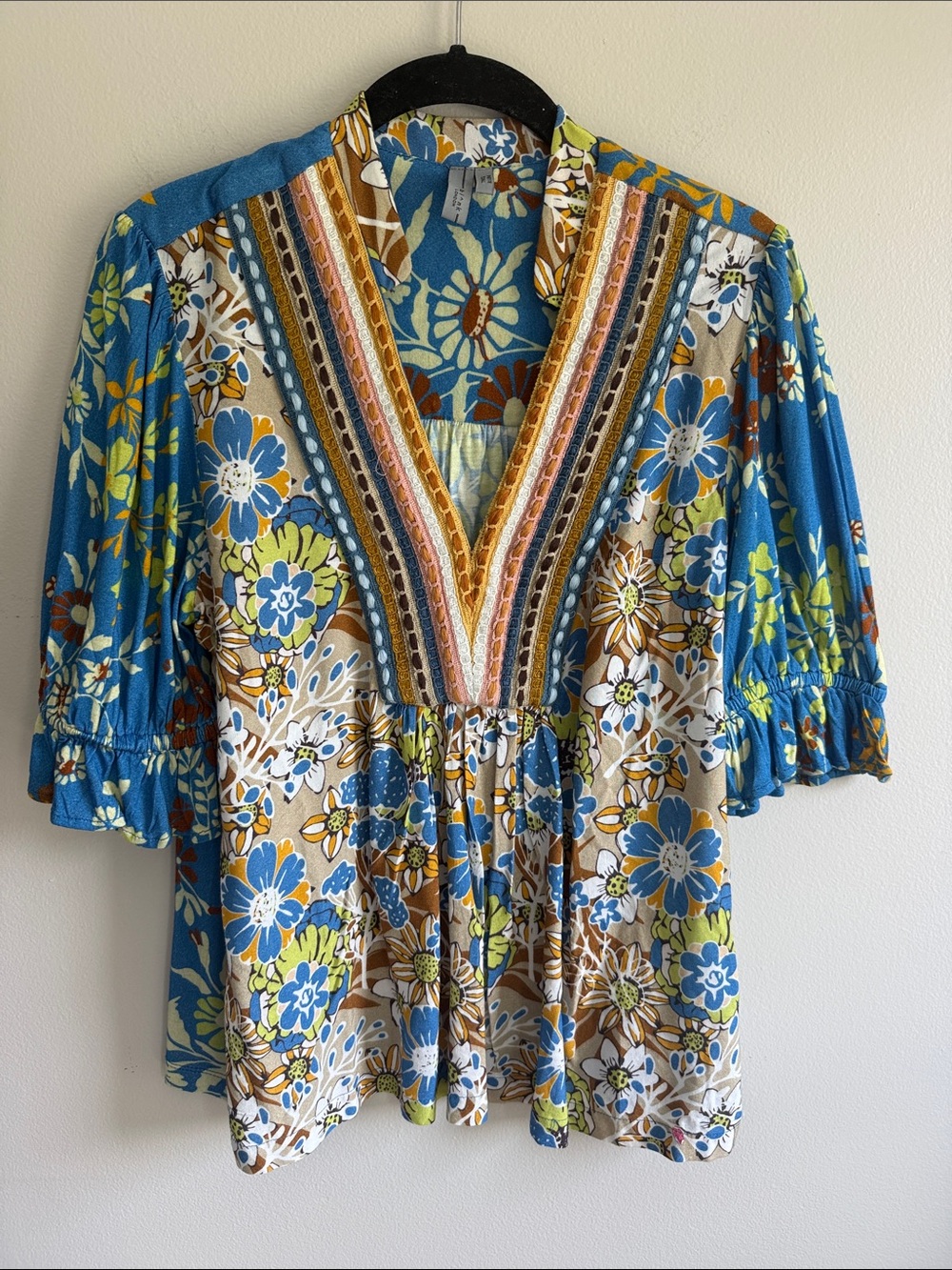 Anthropologie Floral V-Neck Tunic in Blue, Brown, and Yellow, size Petite Small